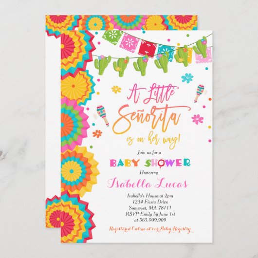 Fiesta Baby Shower Invitation Girl Fiesta Dusche Einladung (Vorne/Hinten)