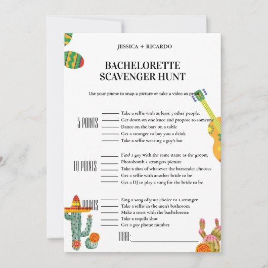 Fiesta Bachelorette-Scavenger-Jagdspiel Einladung (Vorderseite)