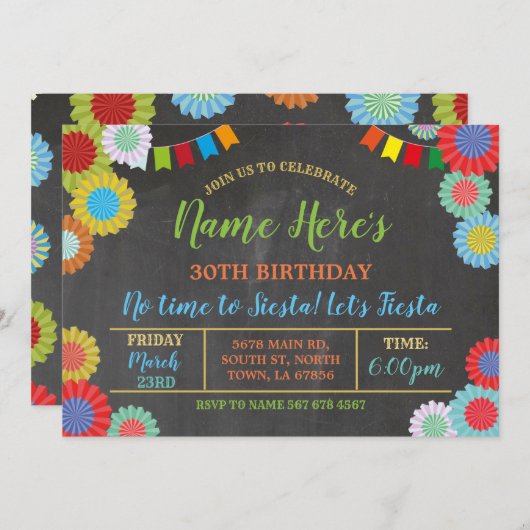 Fiesta Birthday Floral mexikanische Fans hell Einladung (Vorne/Hinten)