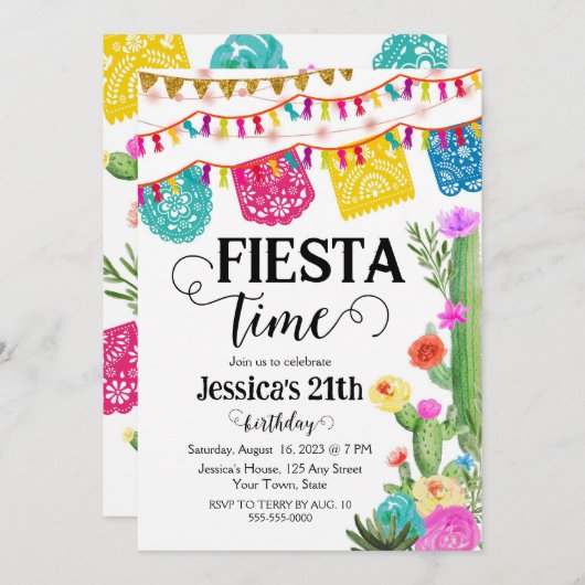 Fiesta Birthday Party Einladung Mexikanisches Them (Vorne/Hinten)