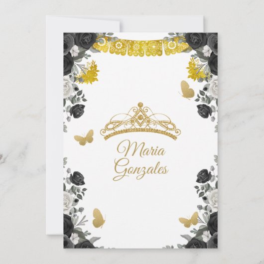 Fiesta Black & Gold Butterfly Mis XV Anos Einladung (Rückseite)