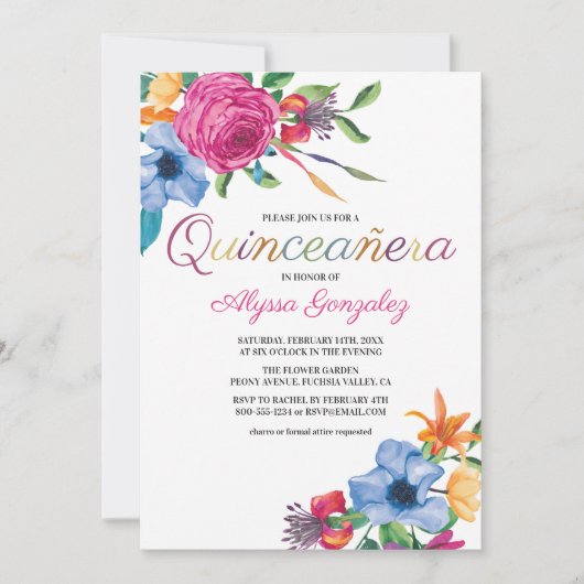Fiesta Blume Aquarellfarben Weiße Quinceanera Einladung (Vorderseite)