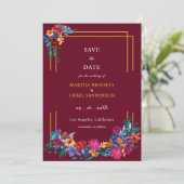 Fiesta Blume Save the Date Burgundy Wedding Einladung (Stehend Vorderseite)