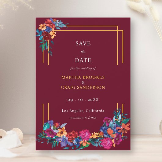 Fiesta Blume Save the Date Burgundy Wedding Einladung