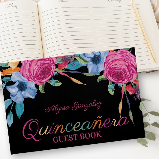 Fiesta Blume Schwarz-Rosa Flora Quinceanera Gästebuch