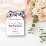 Fiesta Blume Weiß und Blüten Quinceanera Save The Date<br><div class="desc">Quinceanera Save the Date Karte mit fiesta Blume in Aquarell. Diese weiße Karte hat eine Fülle von bunten Blume, eleganten Drehbüchern und moderner Typografie. Ein wunderschönes Blumendesign inklusive Pony, Rose, Fuchsia, Lilie und Grün in Rosa, lila, Orange, Gelb, Grün und Blau. Die Vorlage ist für Sie zum Set bereit, um...</div>