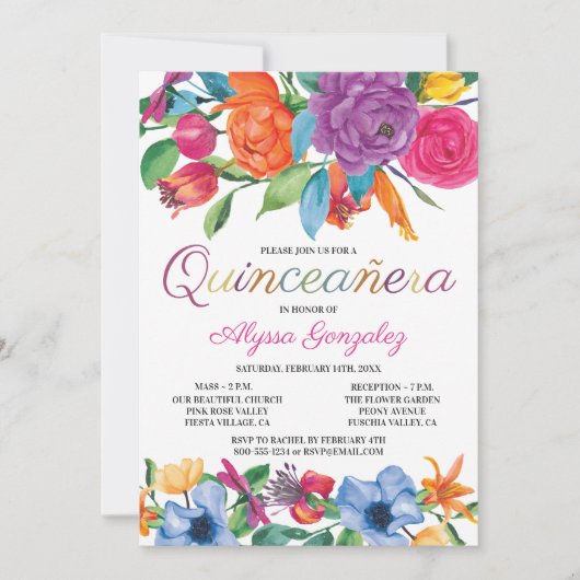 Fiesta Blume Weiße Farbenfrohe Blumenpracht Quince Einladung (Vorderseite)