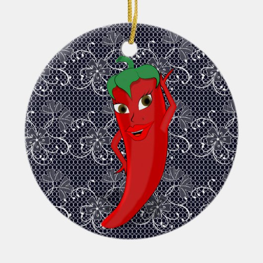Fiesta Brautparty mit rotem, heißem Pfeffer Diva Keramik Ornament (Vorne)