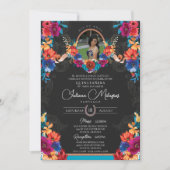 Fiesta Bright Floral und Serape Charro Quinceanera Einladung (Vorderseite)