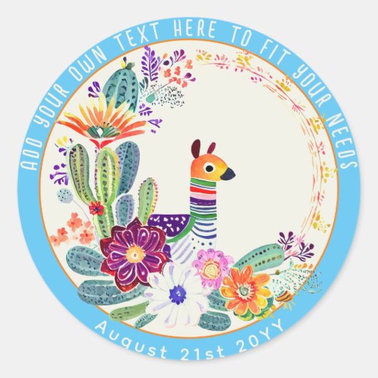 FIESTA Cacti Llama Folkart Blume Blue Custom Runder Aufkleber (Vorderseite)