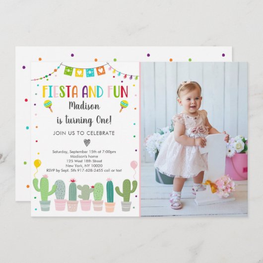 Fiesta Cactus First Birthday Einladung (Vorne/Hinten)