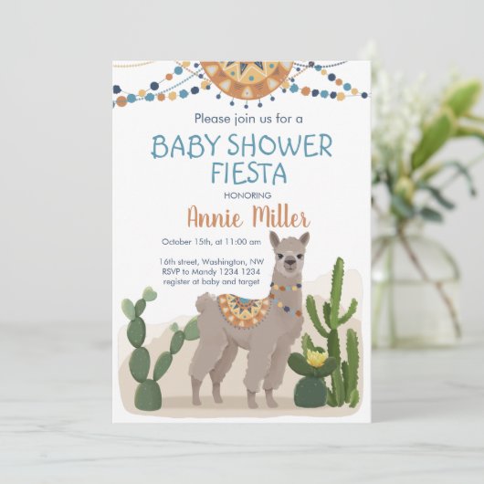 Fiesta Cactus Llama Kinderdusche Einladung (Stehend Vorderseite)