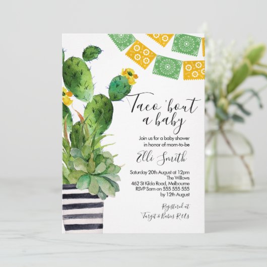 Fiesta Cactus Taco Kinderdusche Einladung (Stehend Vorderseite)