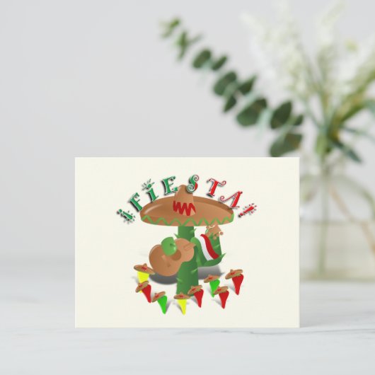 Fiesta Cactus w/Sombrero & Guitar Postkarte (Stehend Vorderseite)