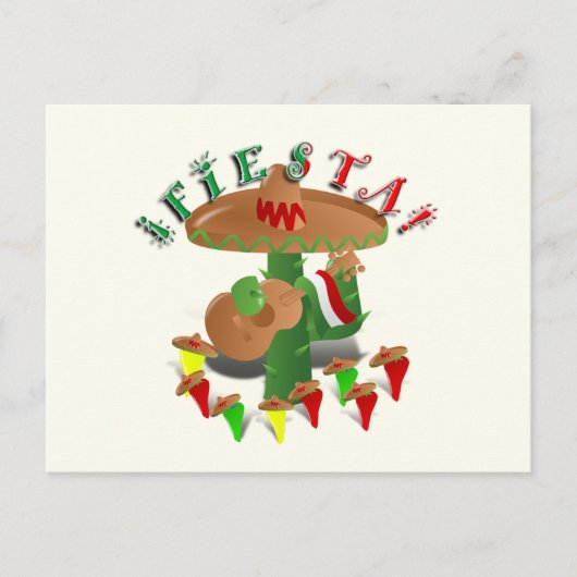 Fiesta Cactus w/Sombrero & Guitar Postkarte (Vorderseite)