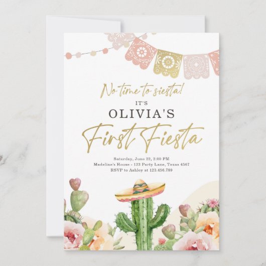 Fiesta Cactus Watercolor Girl Einladung (Vorderseite)