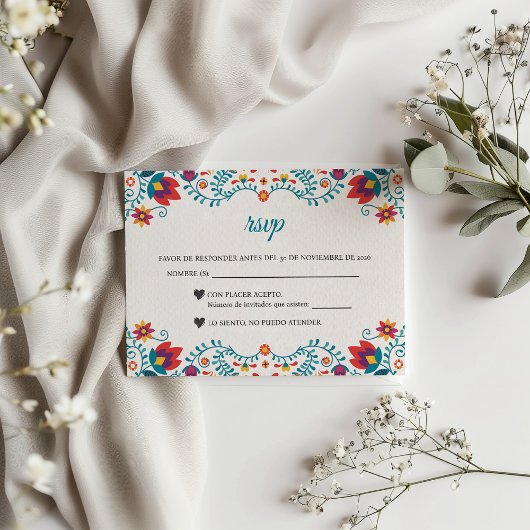 Fiesta Colorful Botanical Floral Spanish Wedding RSVP Karte