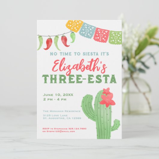 Fiesta Colorful Cactus Three-esta Birthday Einladung (Stehend Vorderseite)