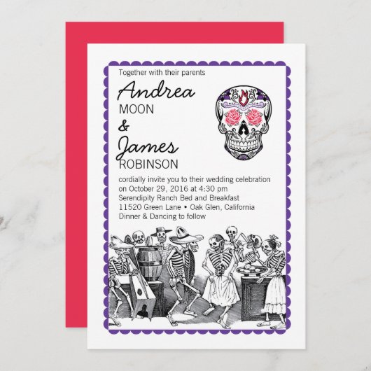 Fiesta Dancing Skeletons Skull Wedding Invitations Einladung (Vorne/Hinten)
