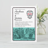 Fiesta Dancing Skeletons Skull Wedding Invitations Einladung (Stehend Vorderseite)