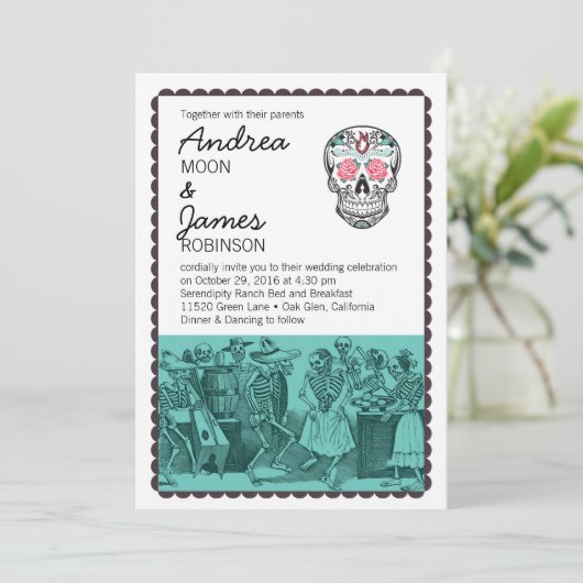 Fiesta Dancing Skeletons Skull Wedding Invitations Einladung (Stehend Vorderseite)
