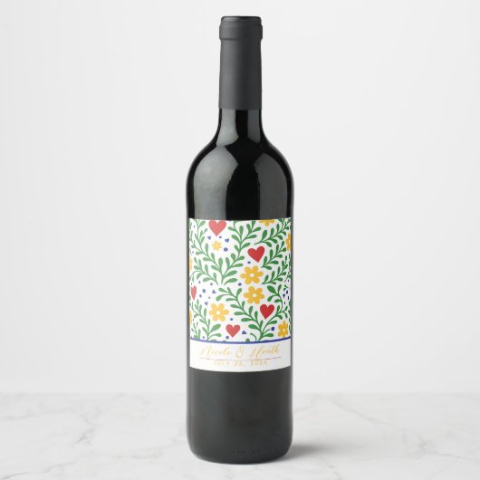 Fiesta de Amor Bold farbenfrohe Blumenhochzeit Weinetikett (Vorderseite)