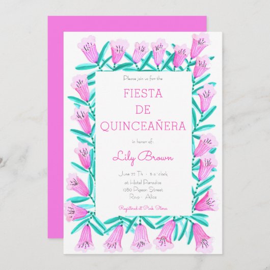 Fiesta de Quinceañera Einladung Flores Rosa (Vorne/Hinten)