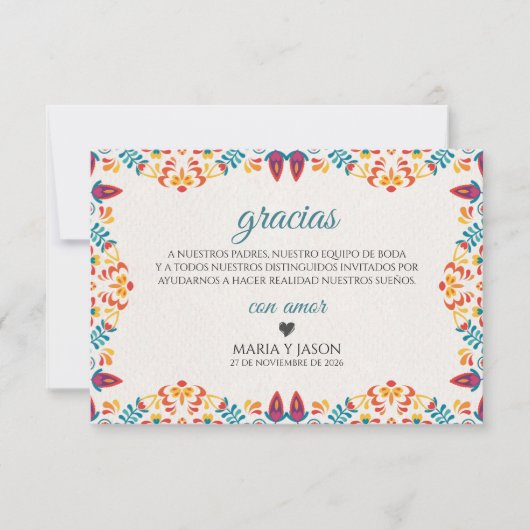Fiesta Elegant Colorful Floral Spanish Wedding Dankeskarte (Vorderseite)