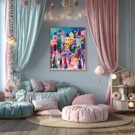 Fiesta en la Ciudad: Paisaje Folk y Naive Colorido Poster