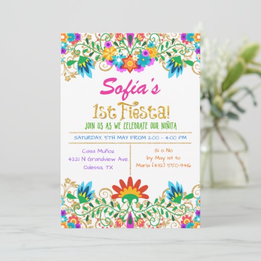 Fiesta Erster Geburtstag Glitzer Einladung (Stehend Vorderseite)