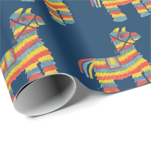 ¡Fiesta! Farbige Piñatas auf blauem Geschenkpapier (Rolleneckpunkt)