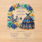 Fiesta Floral Butterflies QUINCEANERA Blue Gold Acryleinladungen (Vorderseite)
