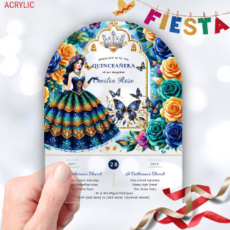 Fiesta Floral Butterflies QUINCEANERA Blue Gold Acryleinladungen