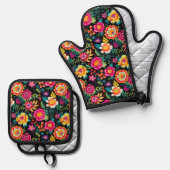 Fiesta Floral Extravaganza Ofenhandschuh & Topflappen-Set (Vorderseite/Rückseite)