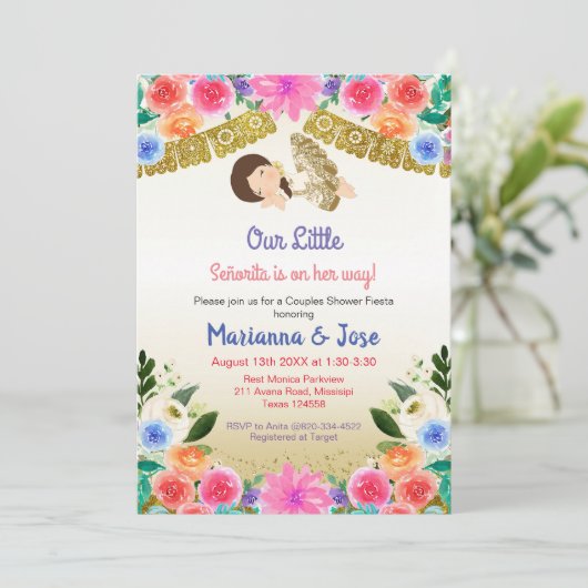 Fiesta Floral Girl Dusche Party Einladung (Stehend Vorderseite)
