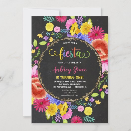 Fiesta Geburtstagsmädchen mit floralen Wasserfarbe Einladung (Vorderseite)