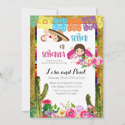 Fiesta Gender Offenlegung Einladung Señor oder Señ (Vorderseite)