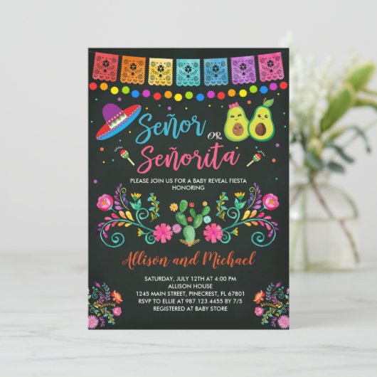 Fiesta Gender Offenlegung Einladung Señor oder Señ (Stehend Vorderseite)