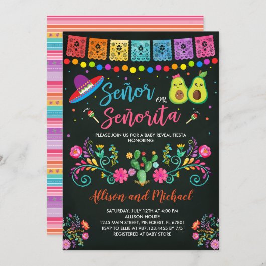 Fiesta Gender Offenlegung Einladung Señor oder Señ (Vorne/Hinten)