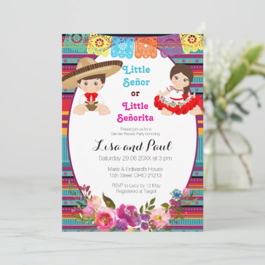 Fiesta Gender Offenlegung Einladung Señor oder Señ (Stehend Vorderseite)