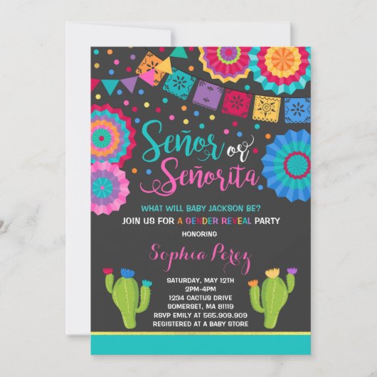 Fiesta Gender Offenlegung Einladung Señor oder Señ (Vorderseite)