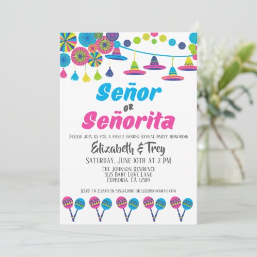 Fiesta Gender Reveal Señor oder Señorita Einladung (Stehend Vorderseite)
