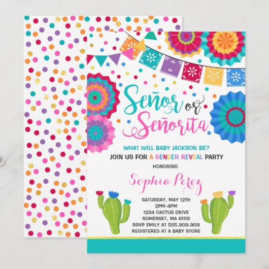 Fiesta Gender Reveitation Señor oder Señorita Einladung (Vorne/Hinten)