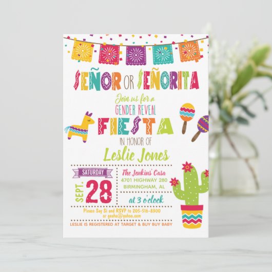 Fiesta-Geschlecht decken Einladung - weißen (Stehend Vorderseite)