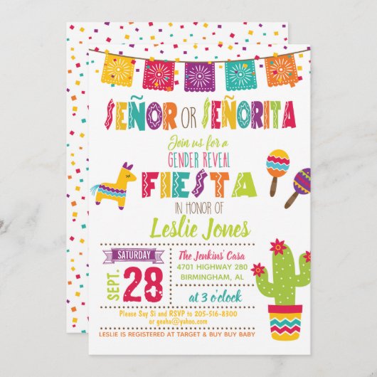 Fiesta-Geschlecht decken Einladung - weißen (Vorne/Hinten)