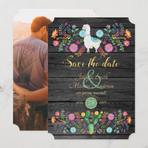 Fiesta Hochzeit Termin Llama Folk Blumen Einladung