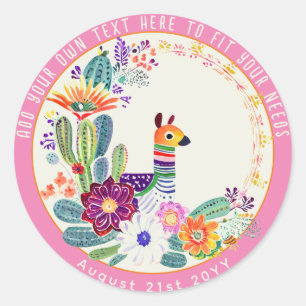 FIESTA Kaktus Llama FolkFlowers Rosa Benutzerdefin Runder Aufkleber