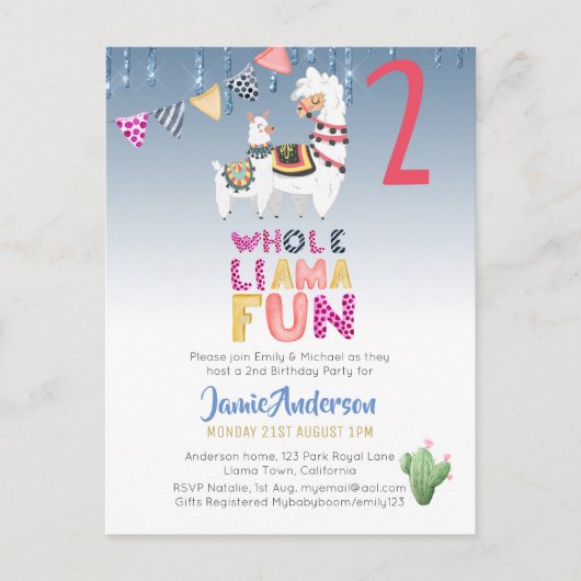 Fiesta Lama Mama 2. Geburtstag Boy Girl Postkarte (Vorderseite)