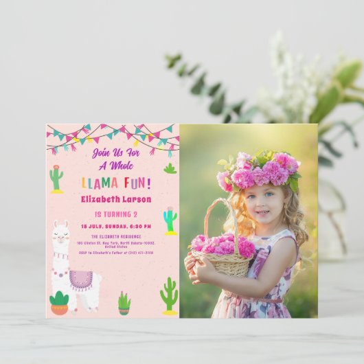 Fiesta Llama Alpaca Kindergeburtstag Foto Einladung (Stehend Vorderseite)