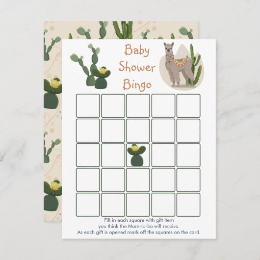 Fiesta Llama Cactus Baby Bingo Game Enclosure Card Begleitkarte (Vorne/Hinten)